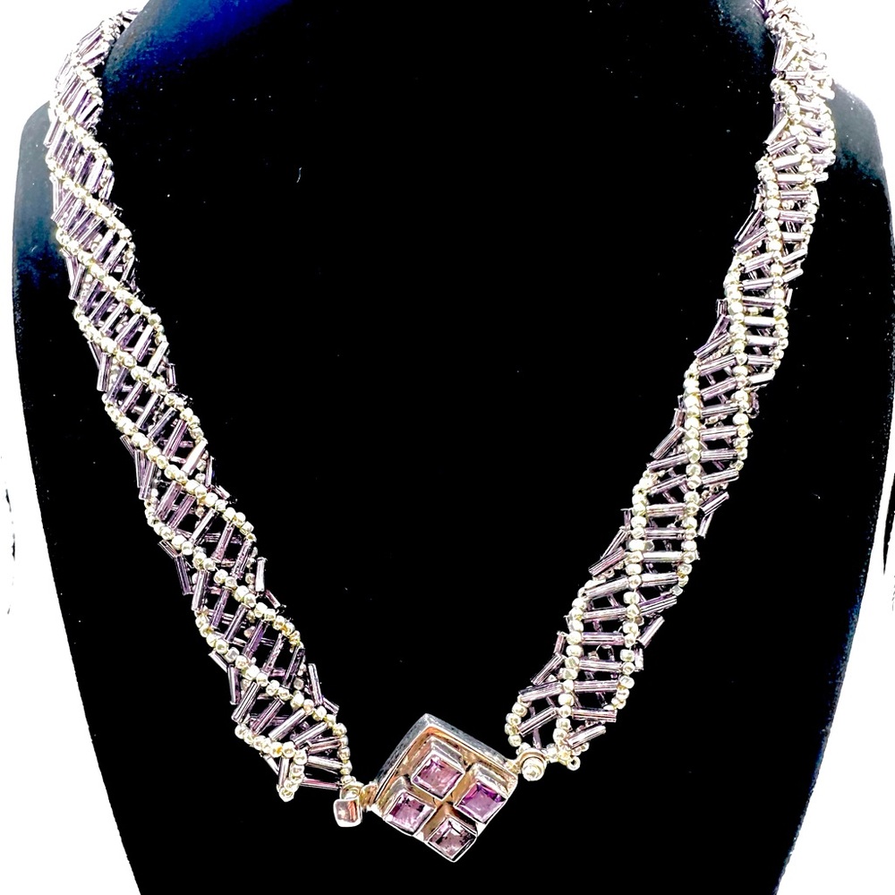 Elegant Purple Beaded Necklace w/Amethyst & 925 Silver, NWOT, Never Used